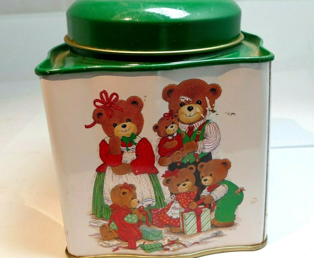 Empty tin box tea can cookie 4x4x4" with teddy bear family christmas presents
