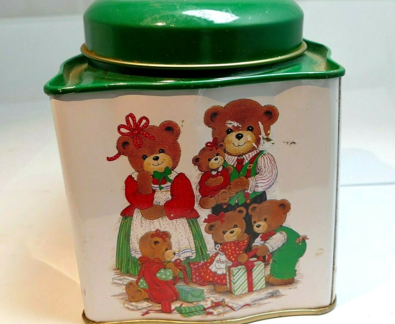 Empty tin box tea can cookie 4x4x4" with teddy bear family christmas presents