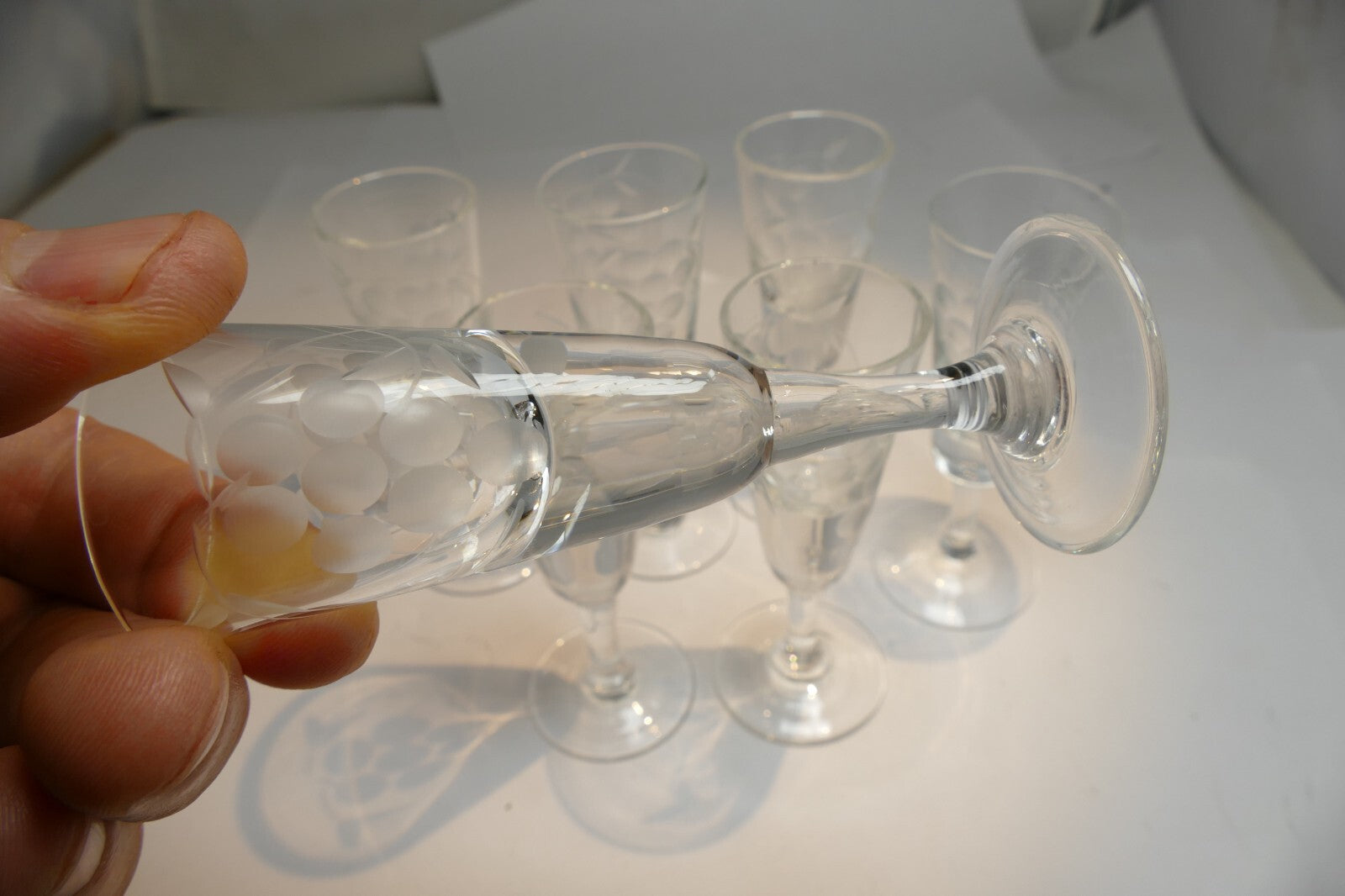 Lot of 7 Clear Crystal Goblets Cut Grape Ridges 1 oz Footed  Goblet small  set