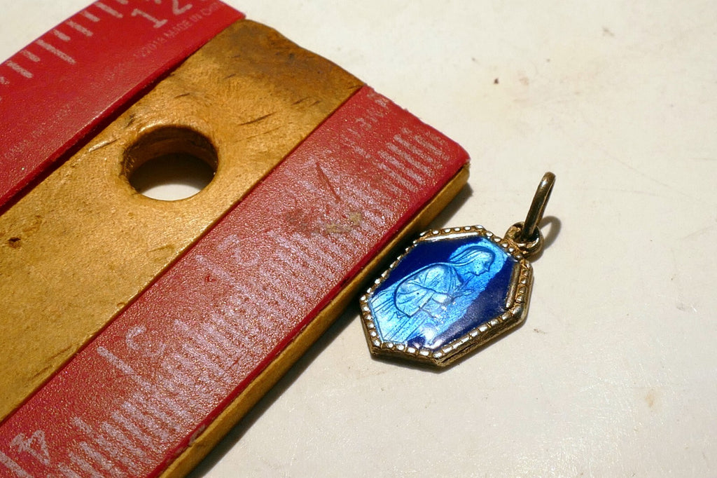 Virgin Mary Christ Pendant Charm Saint J.B. M. Vianney cure d'Ars Blue Enemeled