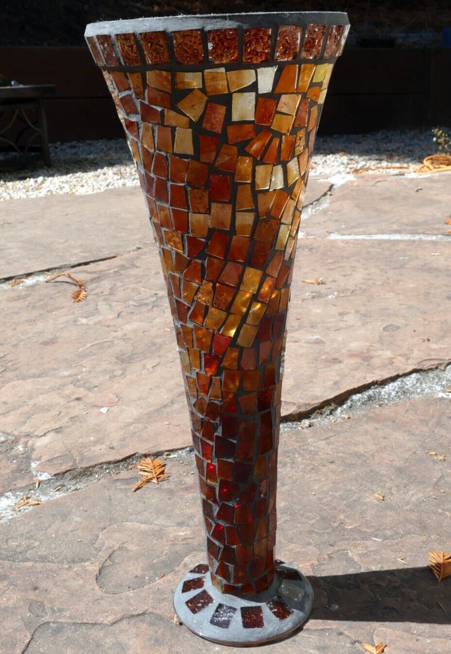 Handmade amber yellow mosaic stained glass home decor vase 16" large tall