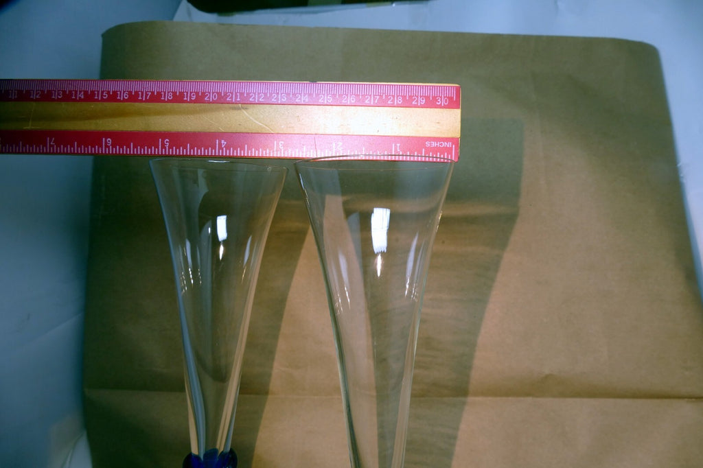 2 COLONY Glasses Flutes Wine Champagne Amaryllis Stem Cobalt Blue 11.2" tall set