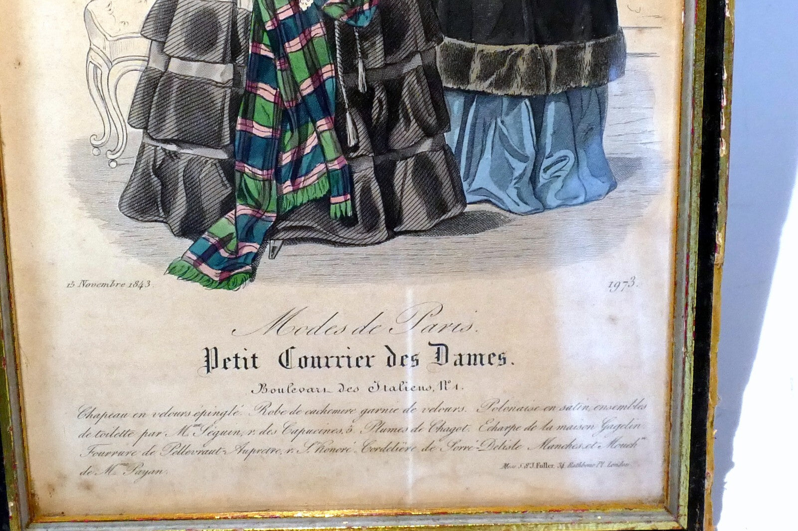 French Antique 1843 Hand coloured engraving Petit Courier des Dames Paris print