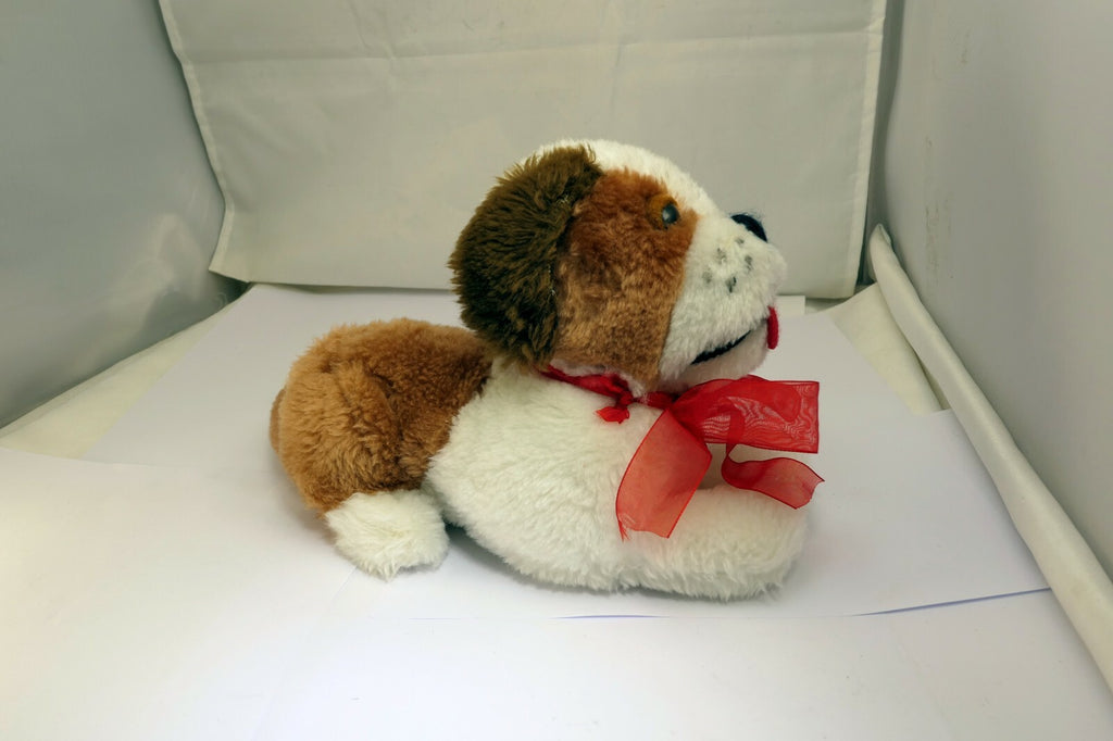 Soft Plush Stuffed Dog 9" brown white red bow vintage Christmas 11"