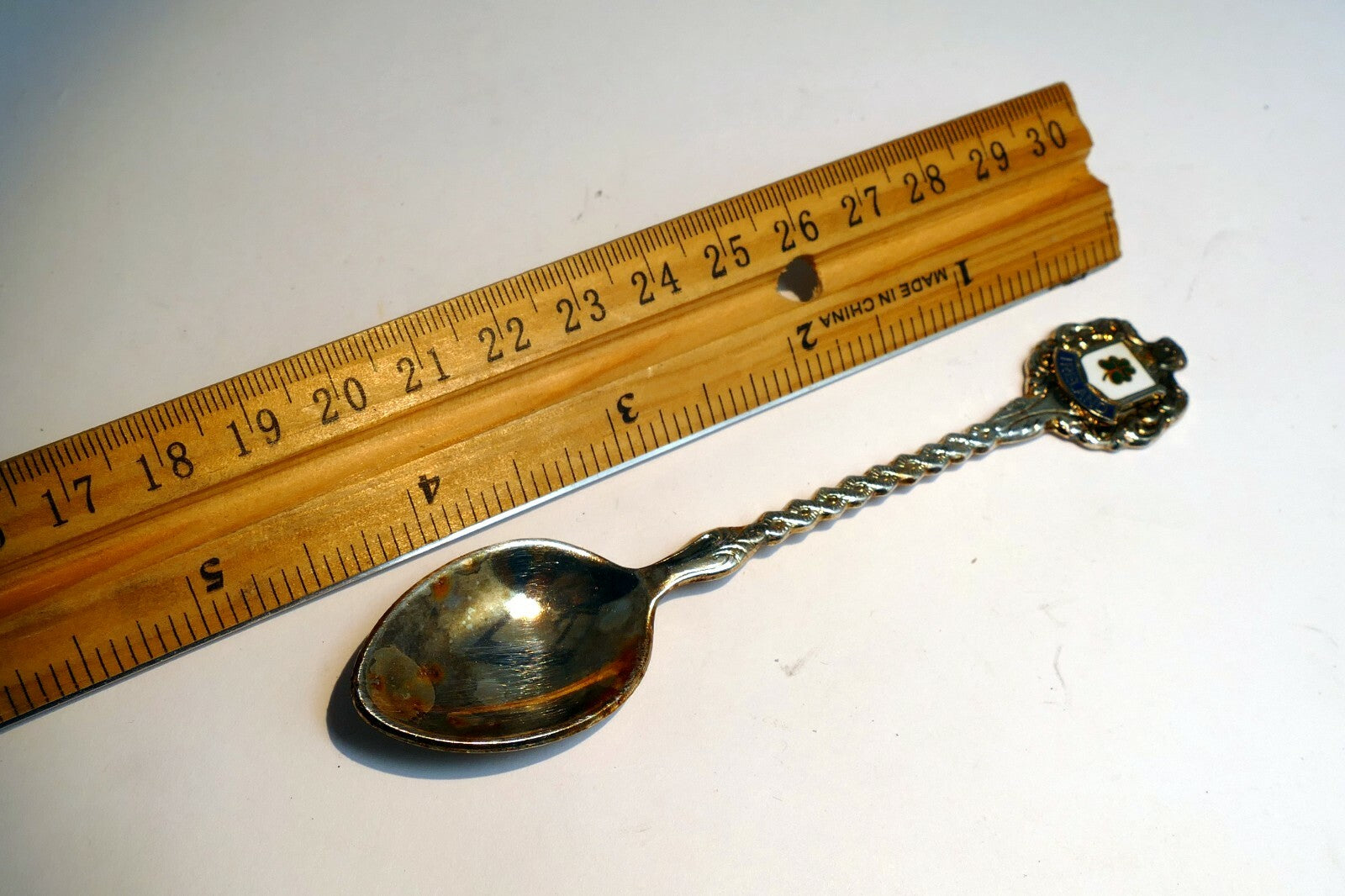 SOUVENIR TEA SPOON Ireland  vintage 4.5' long ornate Clover Silver plated