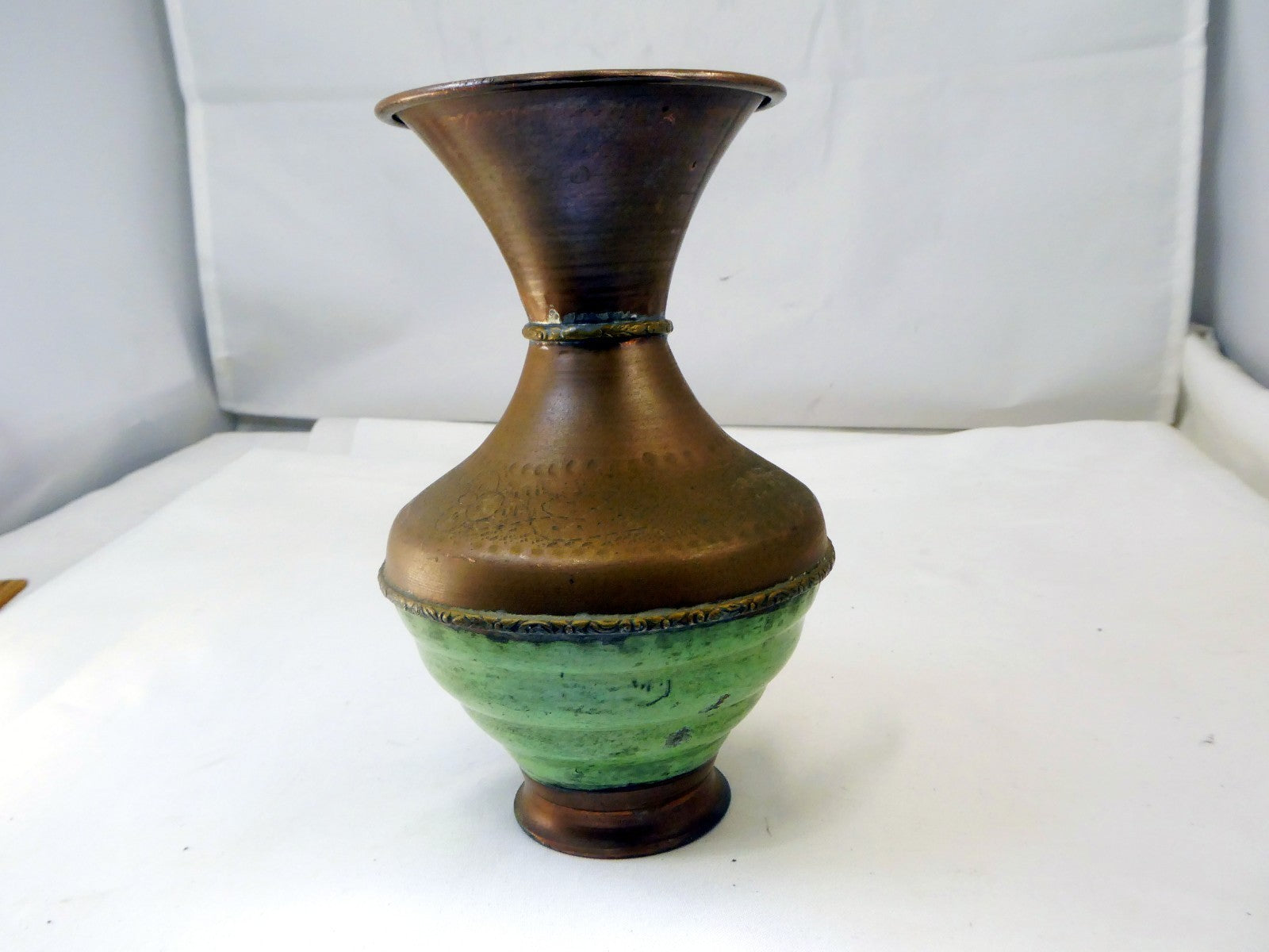 Solid Brass Vase engraved Green Floral design 6" tall east Asian handmade