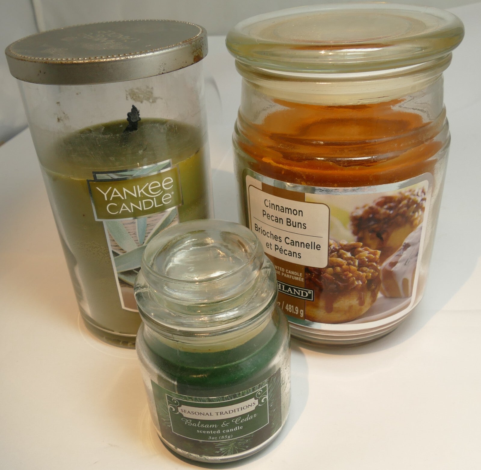 Used yankee candle sage & citrus 12 oz glass jar cinnamon buns balsam cedar set