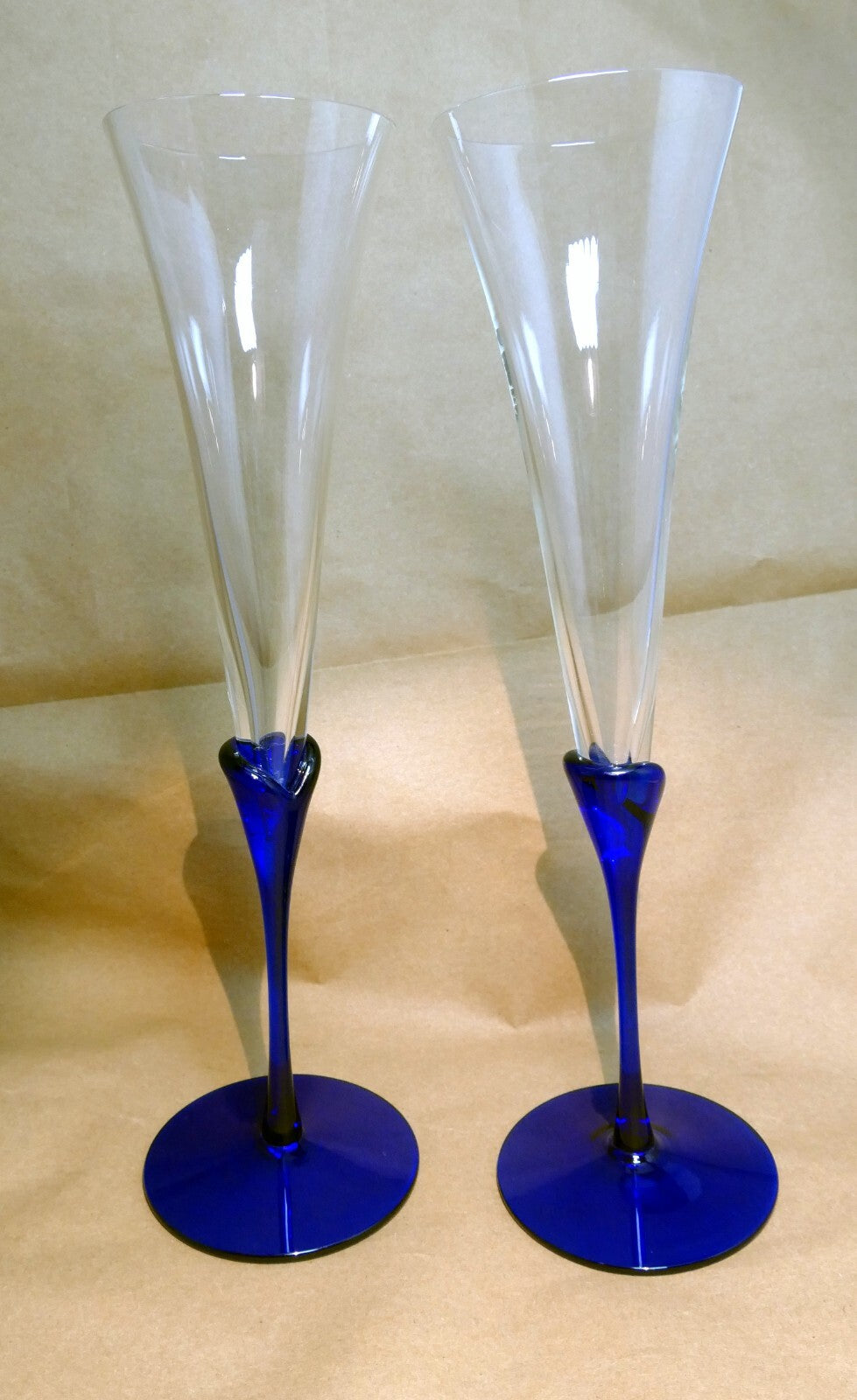 2 colony glasses flutes wine champagne amaryllis stem cobalt blue 11.2" tall set