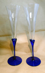 2 colony glasses flutes wine champagne amaryllis stem cobalt blue 11.2" tall set