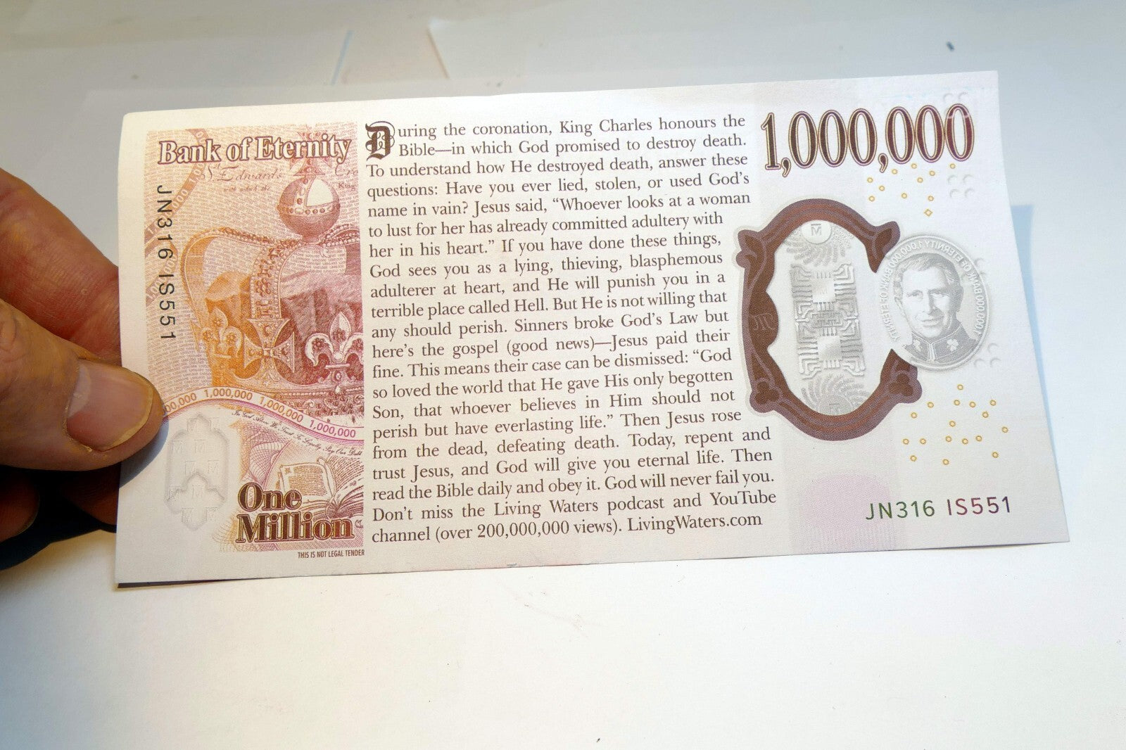 Bank of England £1,000,000 note bill " In God We Trust" Religious message sinner