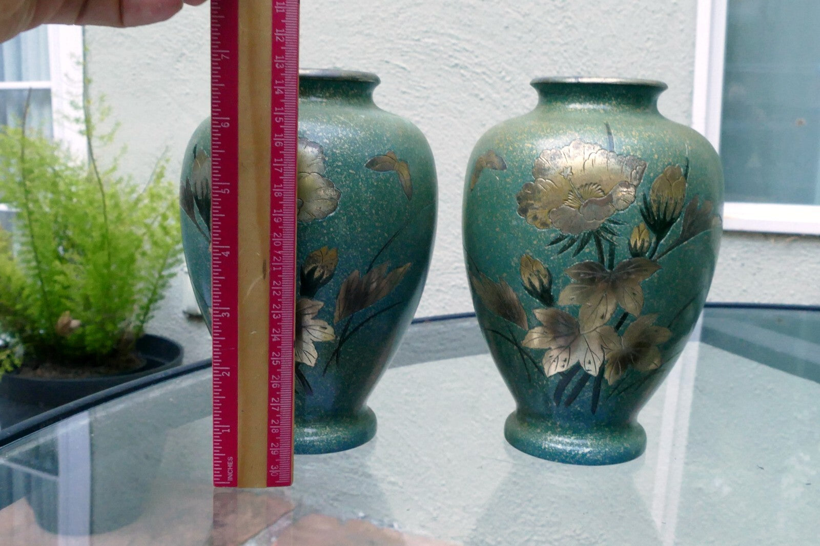 Pair Of Antique Japanese Brass Vases set of two mixed metal