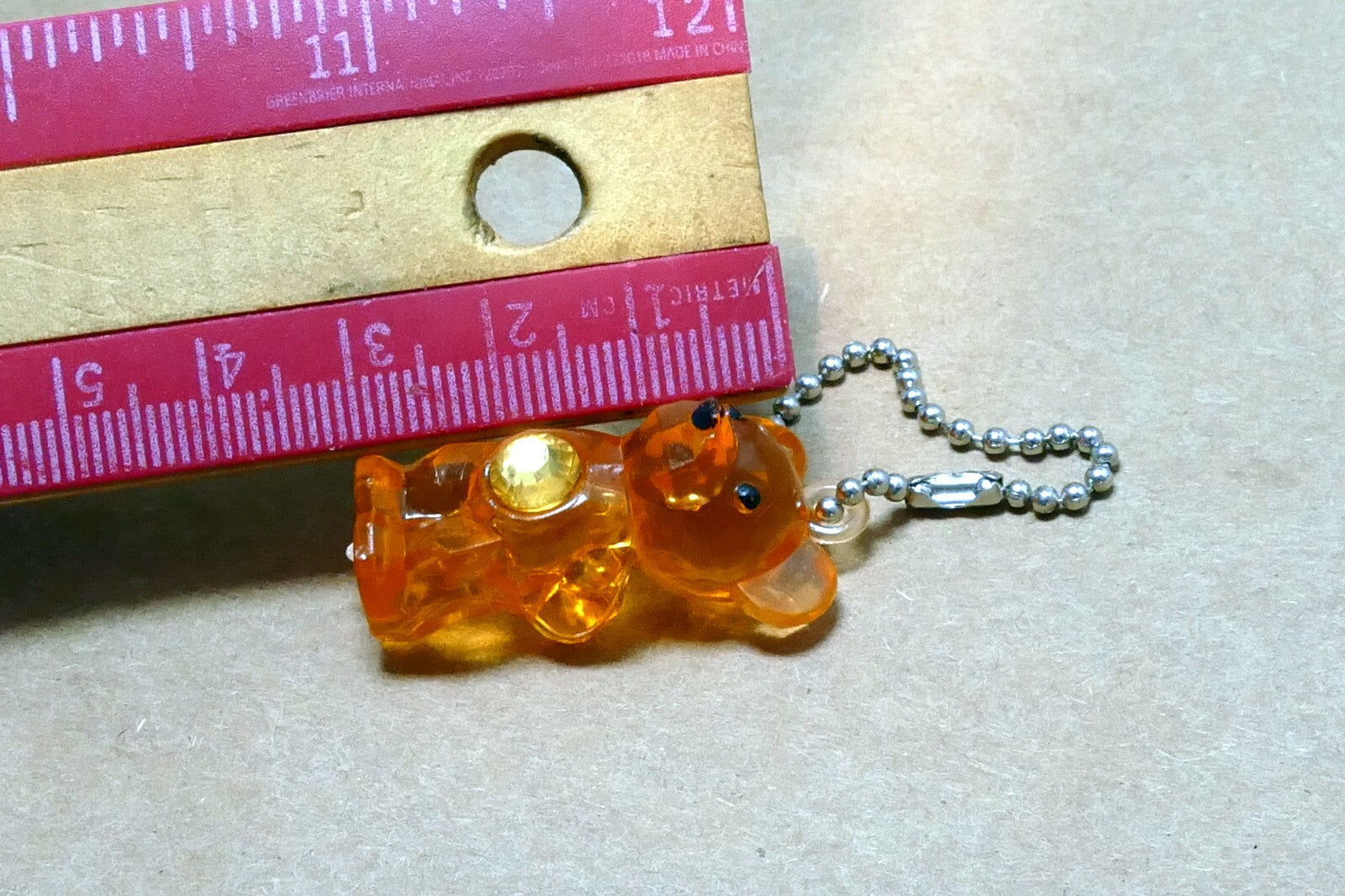 Hard Plastic Pink Bear Yellow/Gold Jewel on Belly Keychain 2"