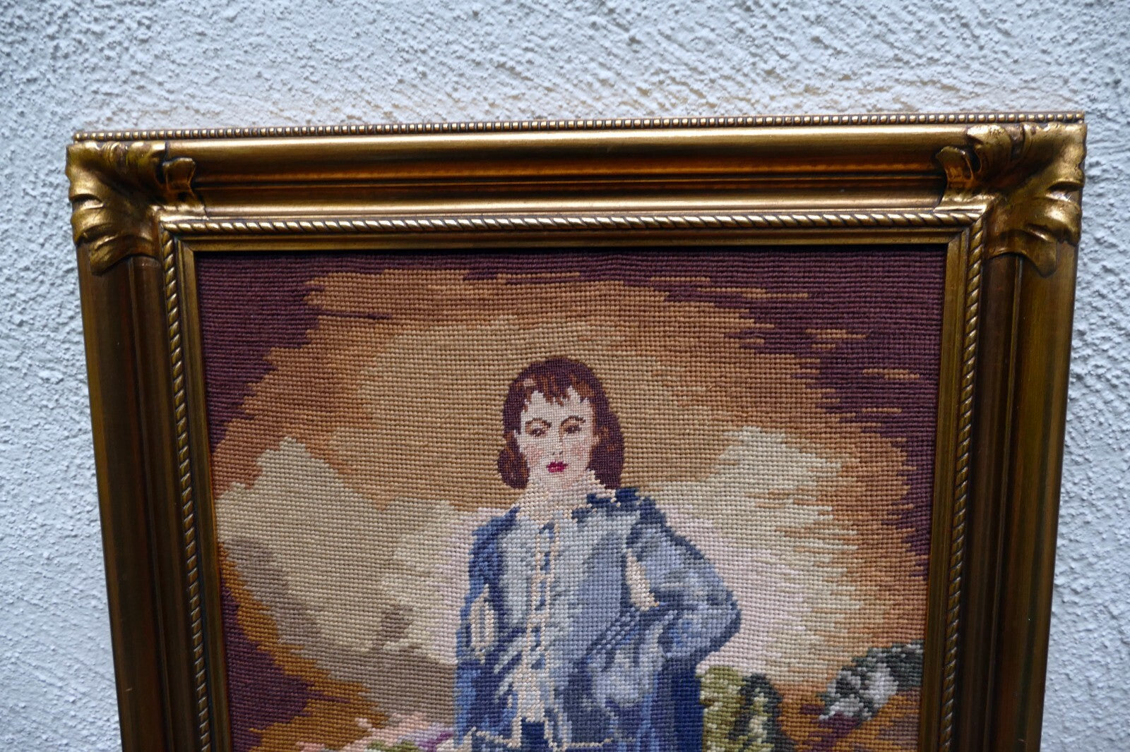 Needlepoint Thomas Gainsborough BLUE BOY Framed Wall Art ~ 24X16" large
