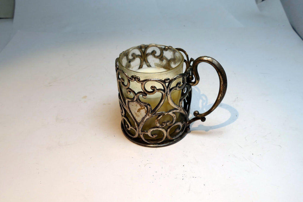 Small Metal Footed Votive Candle Holder with heart Handles floral design  2.5"