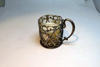 Small Metal Footed Votive Candle Holder with heart Handles floral design  2.5"
