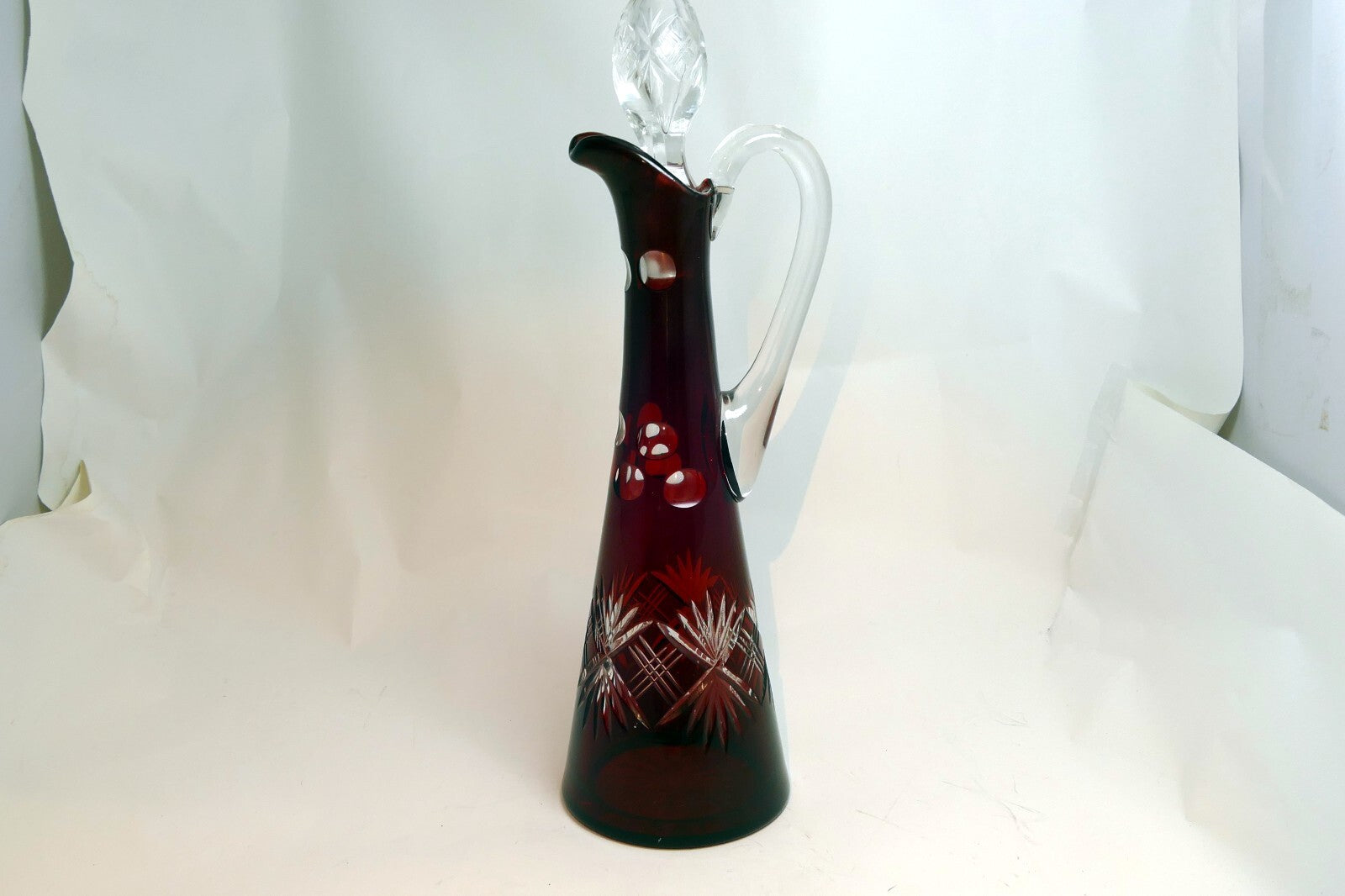 Bohemian Cut-to-Clear Ruby Red Glass Decanter With Faceted Stopper Wine