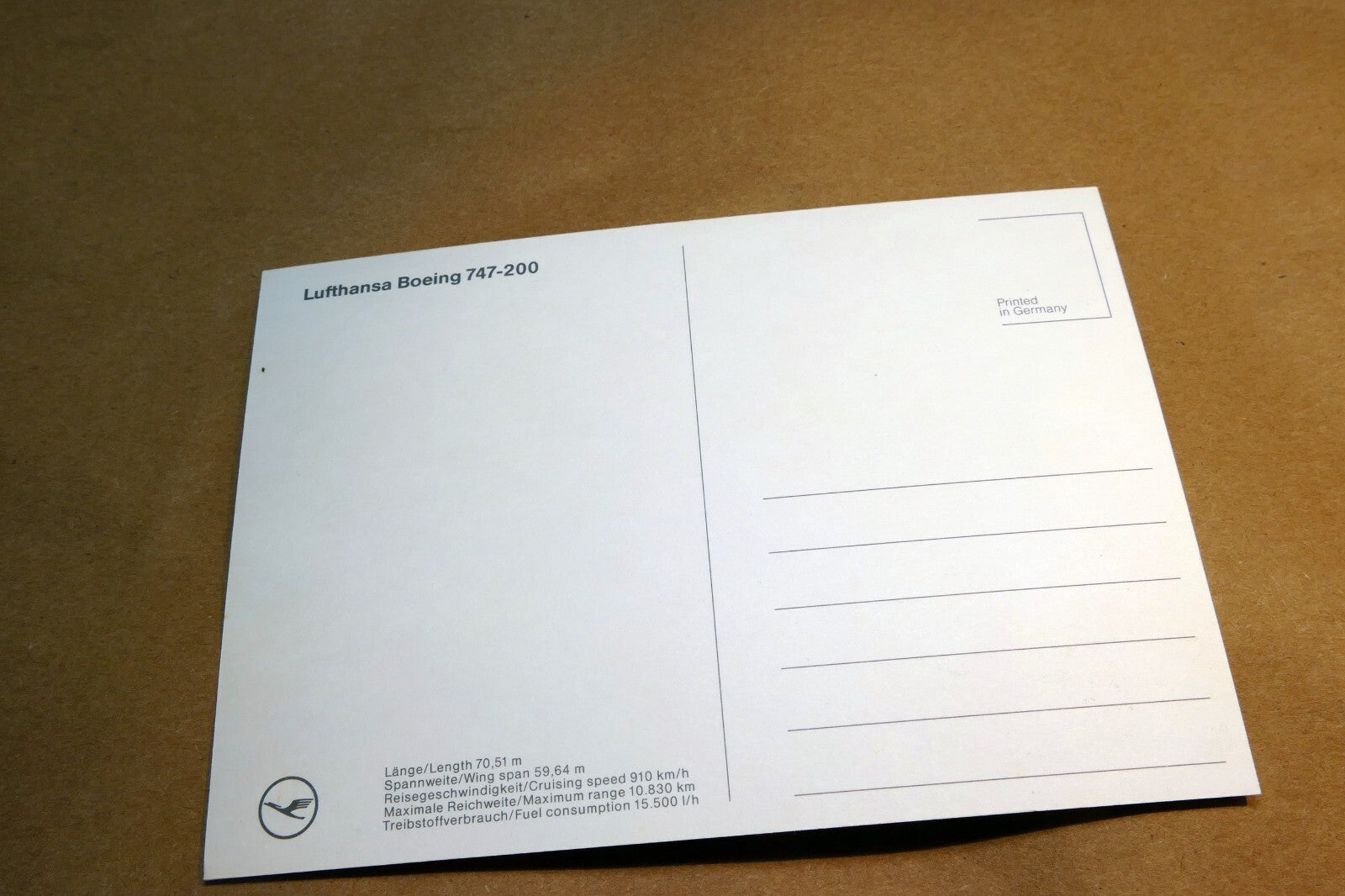 Lufthansa 747-200 Crane Logo Airlines Airplane Parked Blue Sky Postcard Unposted