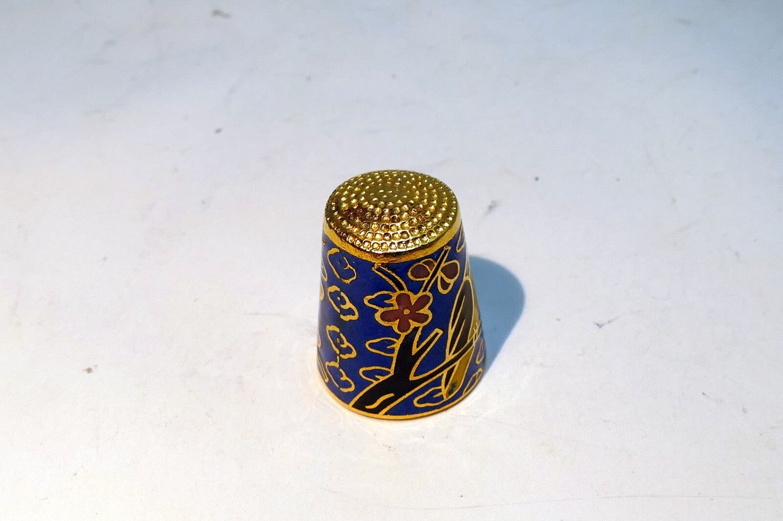 Thimble Souvenir Blue Yellow Bird Floral metal  Cloisonne Brass