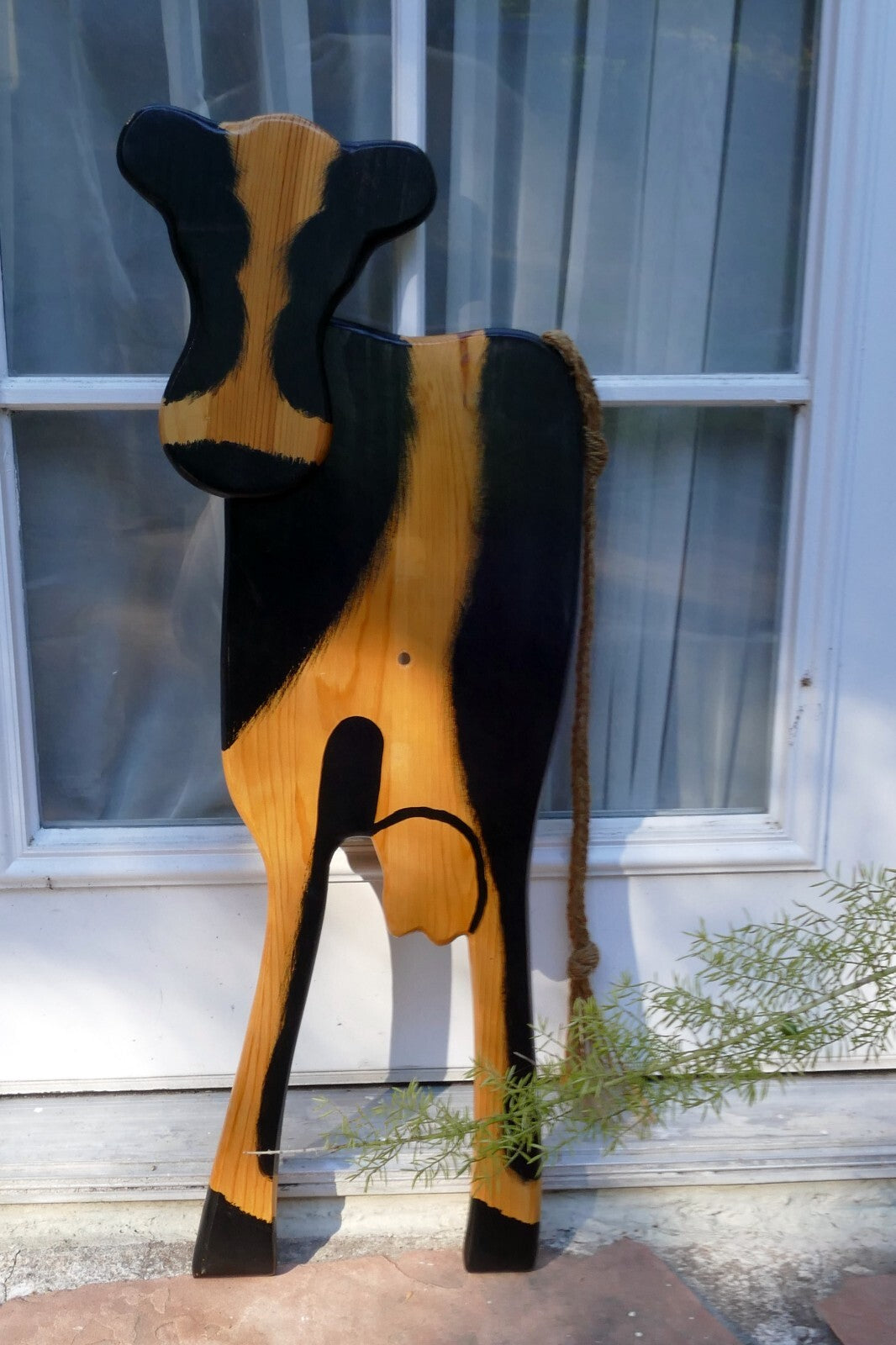 Giant Wooden Cow Rope Tail Hand Made Wood Hanging Wall Art Bovine shape