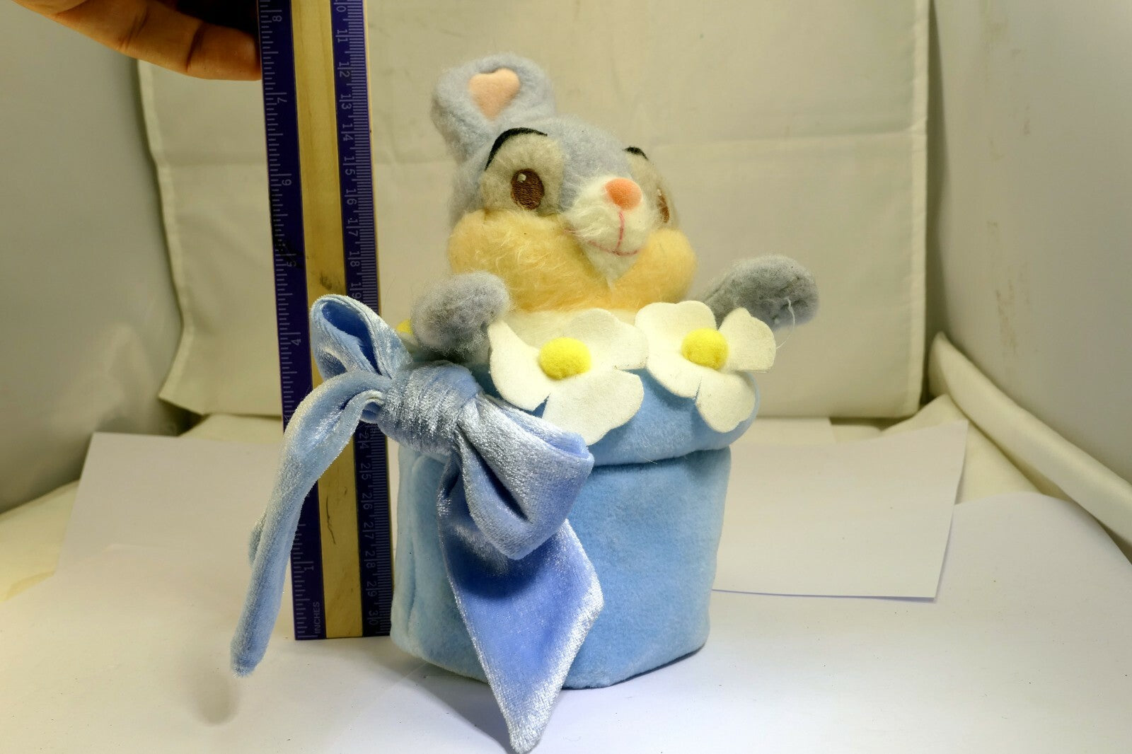 Easter bunny 7" push toy rabbit with white flowers blue hat