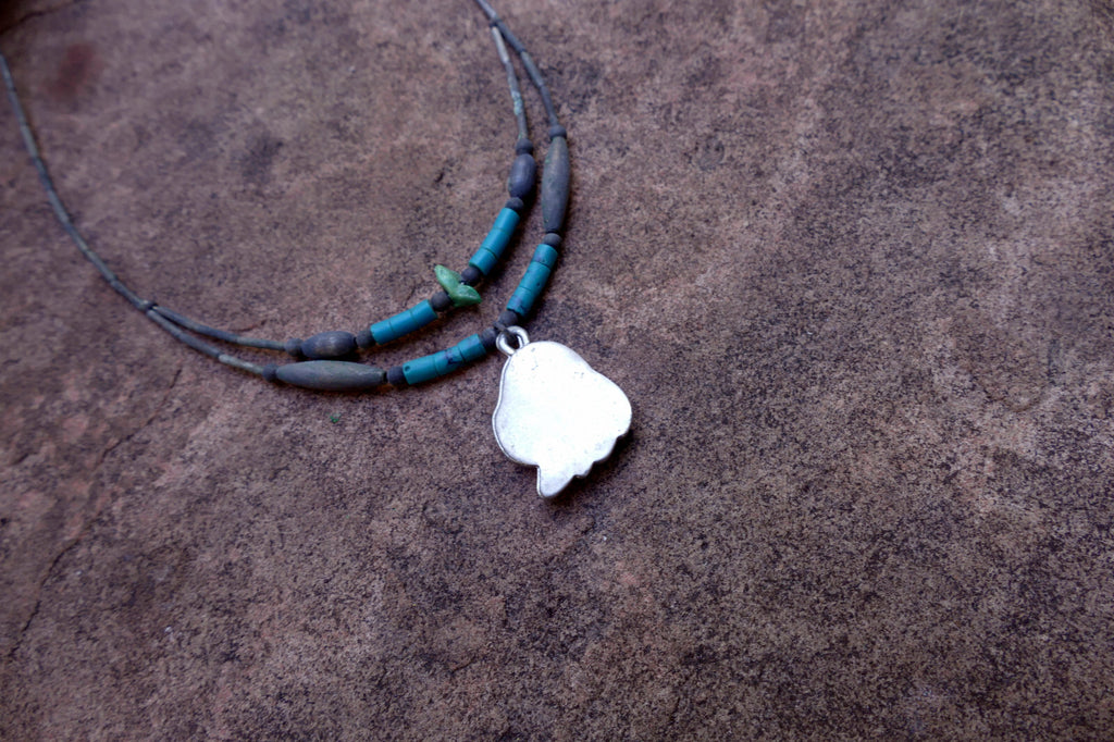 Bear Paw Brooch Necklace Inlaid Blue and Red Stones Crushed Tourquise Navajo