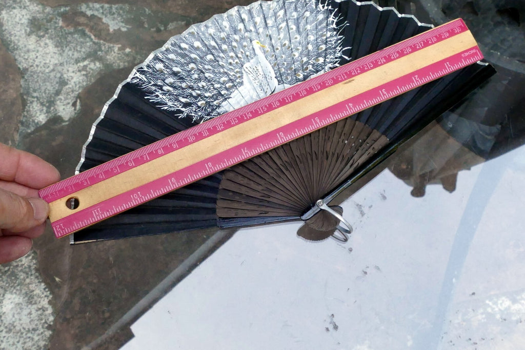Japanese Hand FOLDING FAN, Peacock Bird Bamboo Black and White 12"