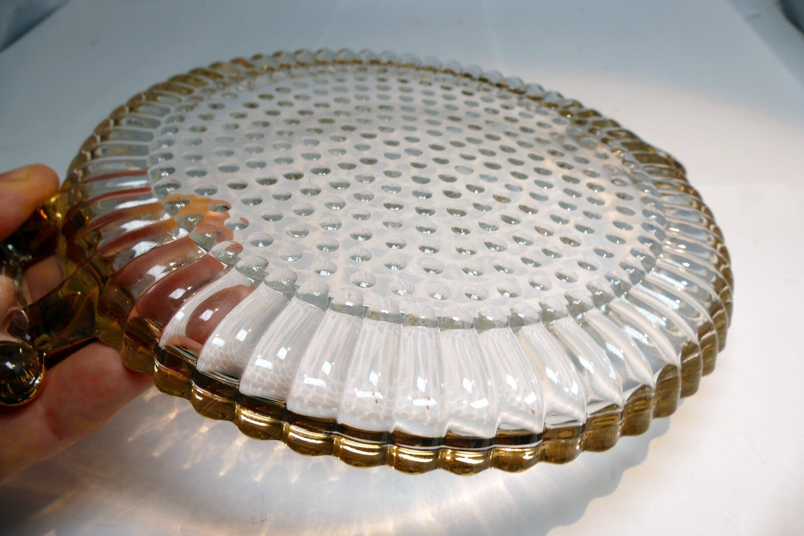 Beveled Glass Candle Holder Plate 8" Round with golden rim two handles