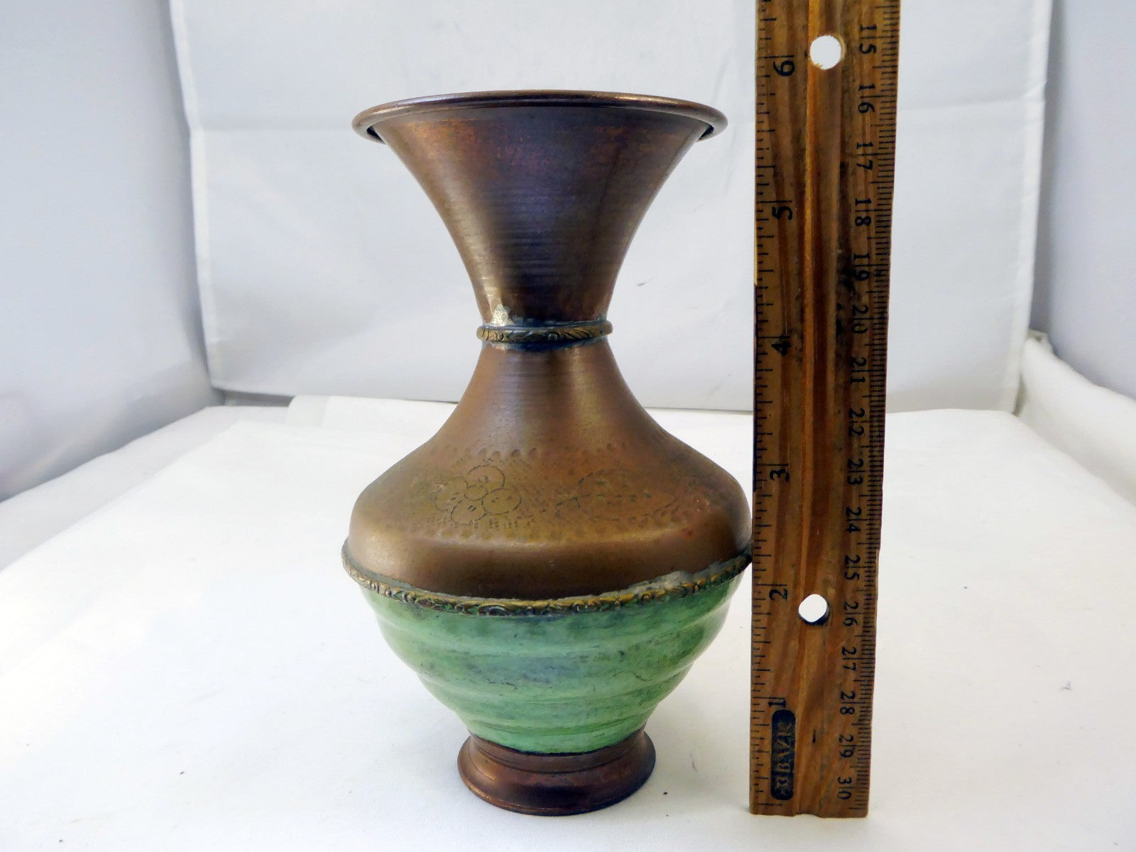 Solid Brass Vase engraved Green Floral design 6" tall east Asian handmade