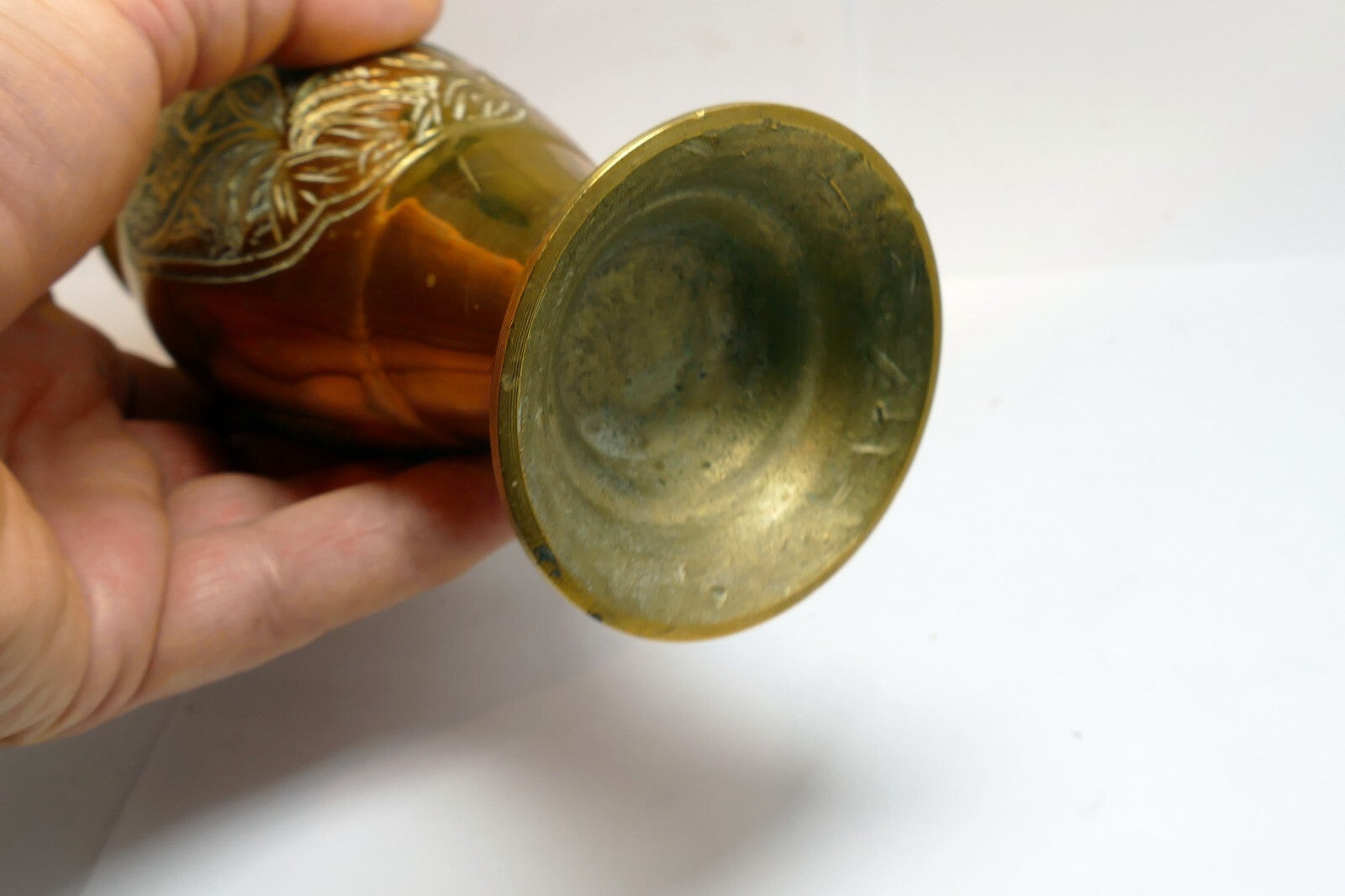 Floral Etched Solid Brass Vase Bulbous Bottom Flared Pedestal Base Vintage  6”