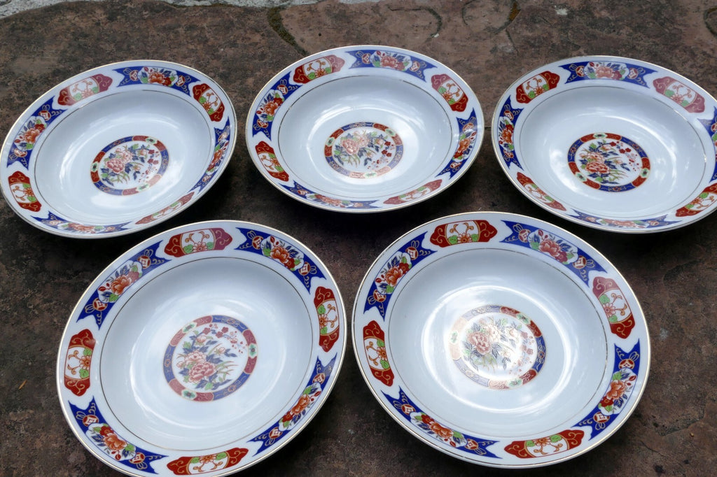 5 ttc china 8" round soup plate gold trim ttn1 red blue floral made in japan