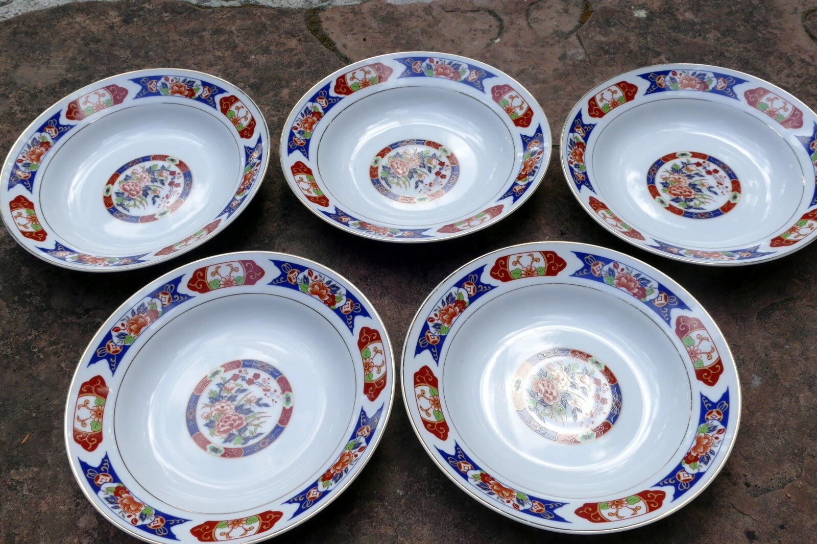 5 ttc china 8" round soup plate gold trim ttn1 red blue floral made in japan