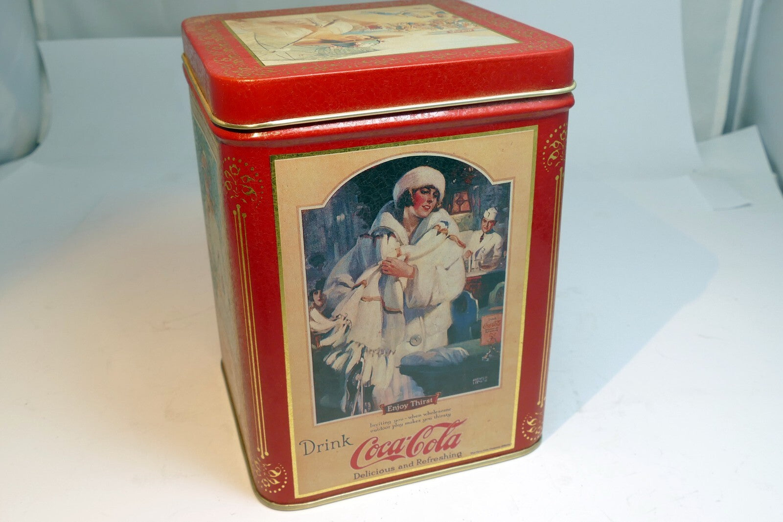 Vintage Coca-Cola Tin Can 1994 Red & Gold "Enjoy Thirst" Drink rectangle  5.5"