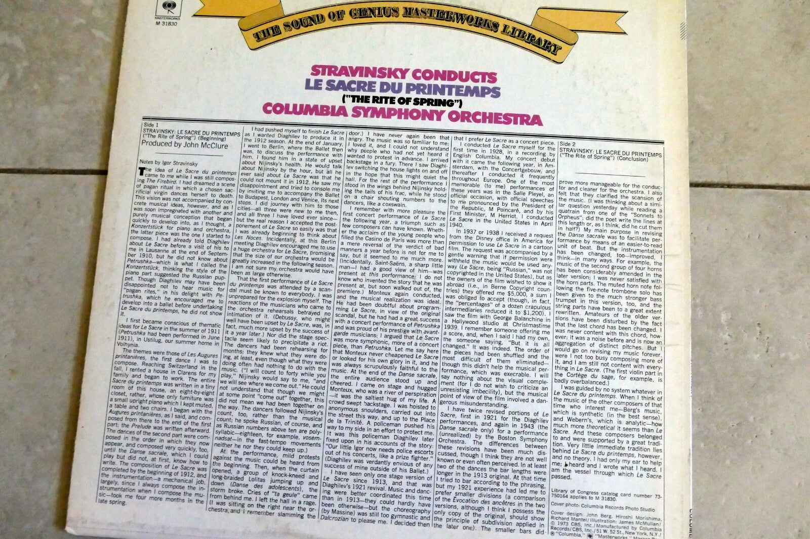 Stravinsky Conducts Le Sacre du Printemps LP M 31830 Columbia The Rite of Spring