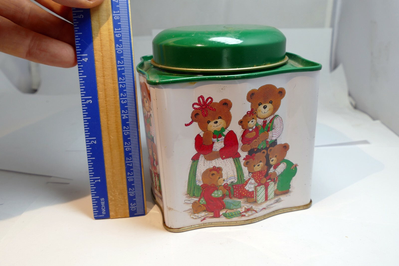 Empty Tin Box Tea can cookie 4X4X4" with Teddy Bear family  Christmas presents