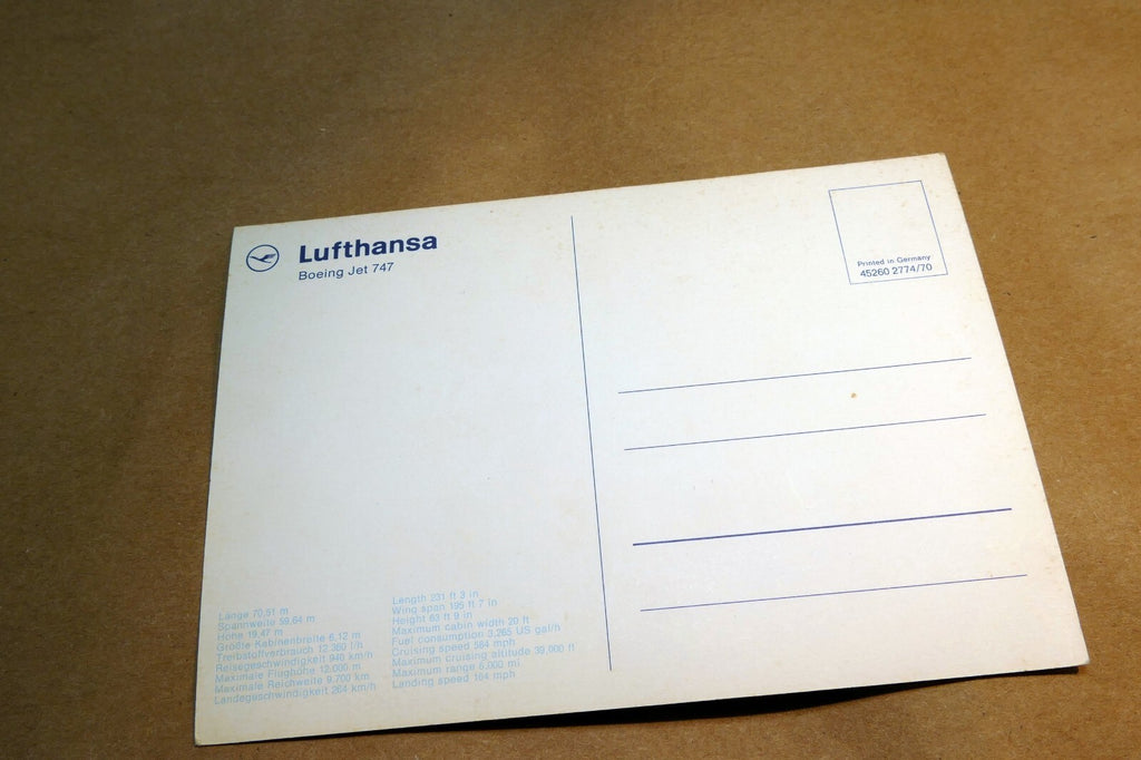 Lufthansa 747 Logo Airlines Airplane Blue Sky flying  Postcard Unposted
