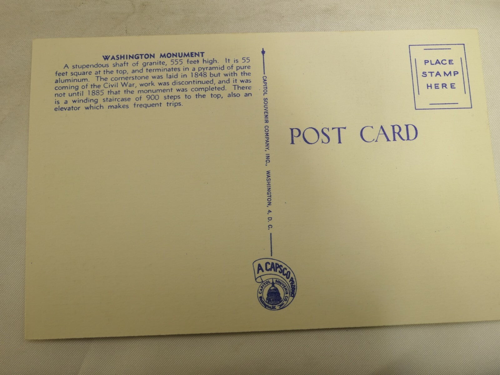 Post Card Washington Monument Potomac Cherry Blossoms Washington DC Linen 1940s