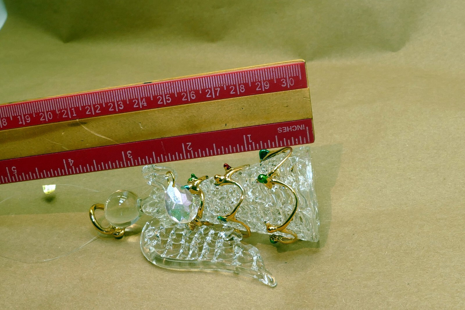 Spun Glass Crystal Christmas Ornament  gold green red hanging 4" tall