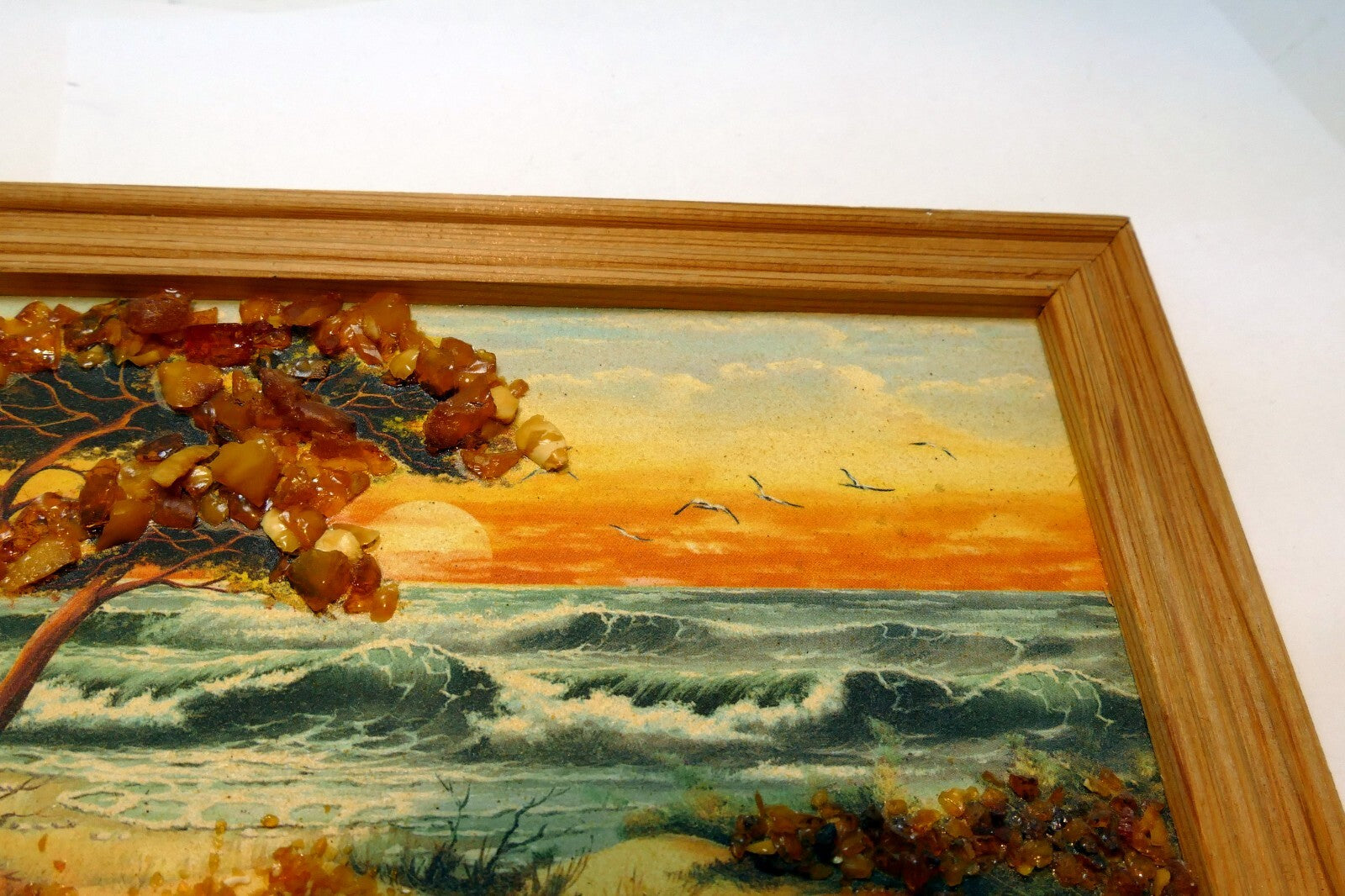 AMBER PAINTING BALTIC Sea Seascape Landscape Tree Waves Sky Sunset gull birds