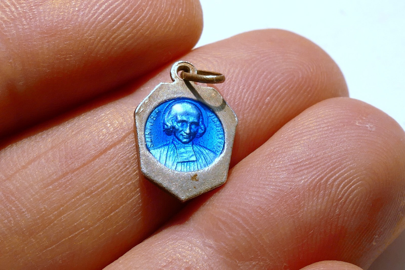 Virgin Mary Christ Pendant Charm Saint J.B. M. Vianney cure d'Ars Blue Enemeled