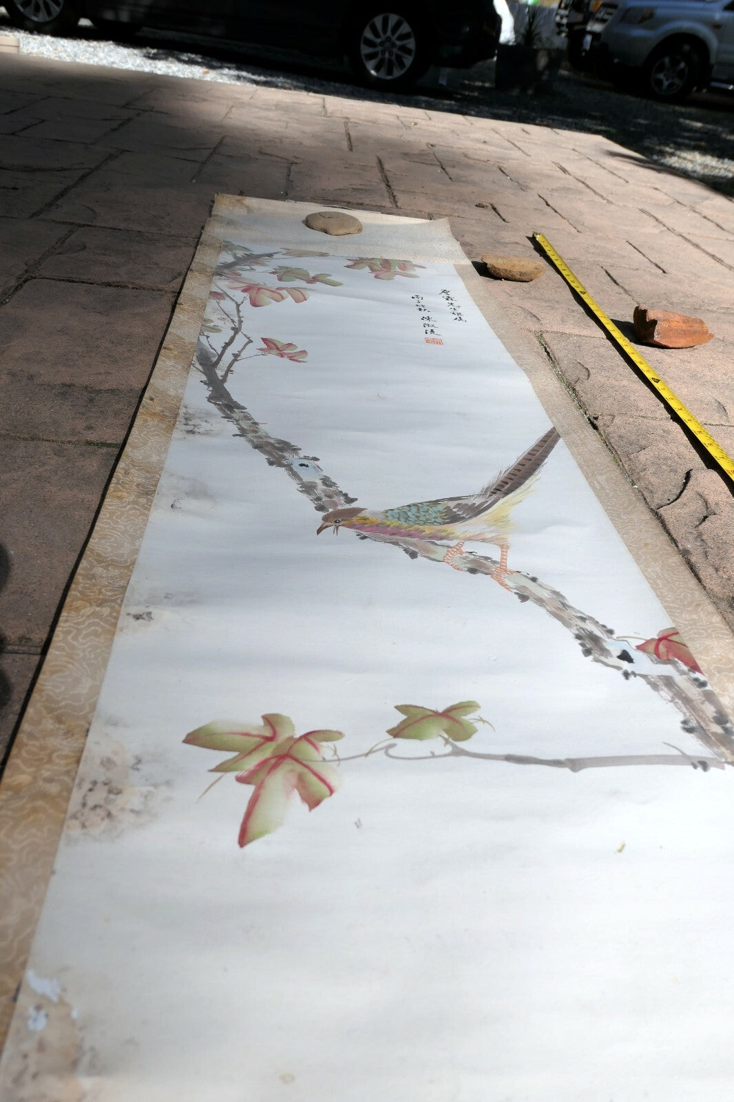Vintage Chinese Painting Scroll Pheasant Bird Flowers Tree branch antique