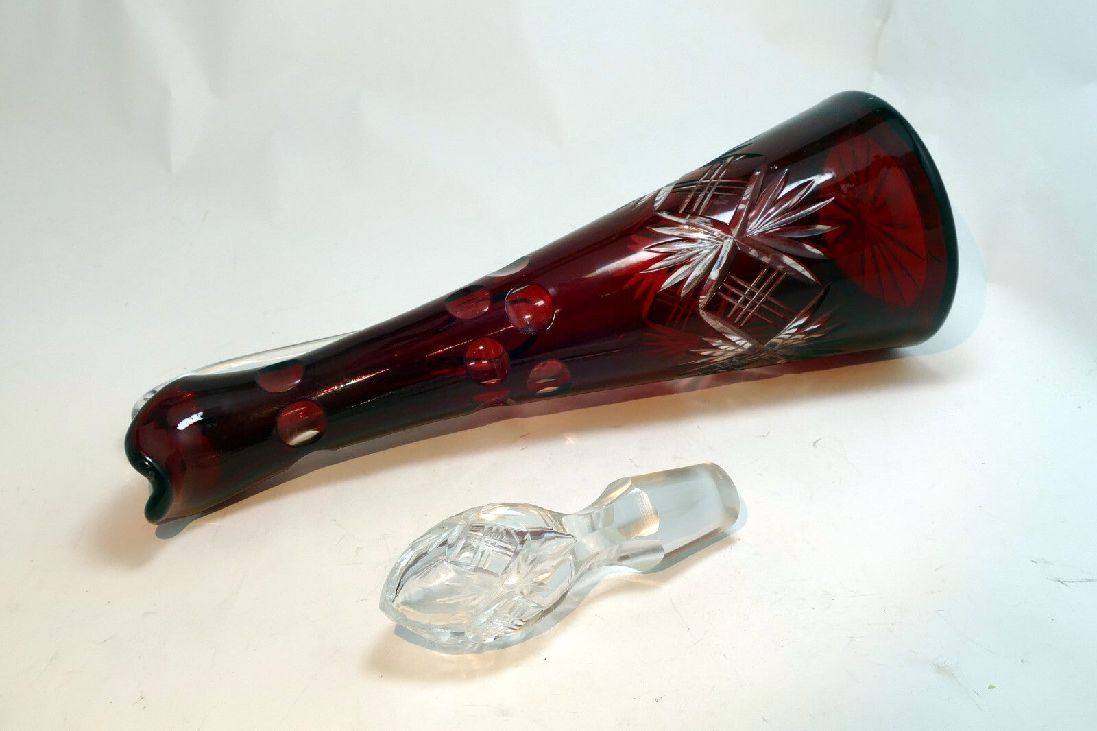 Bohemian Cut-to-Clear Ruby Red Glass Decanter With Faceted Stopper Wine