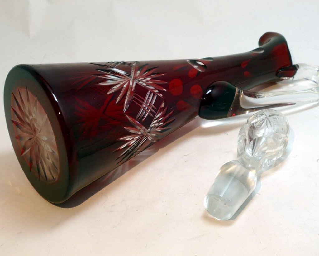 Bohemian cut to clear ruby red glass decanter with faceted stopper wine