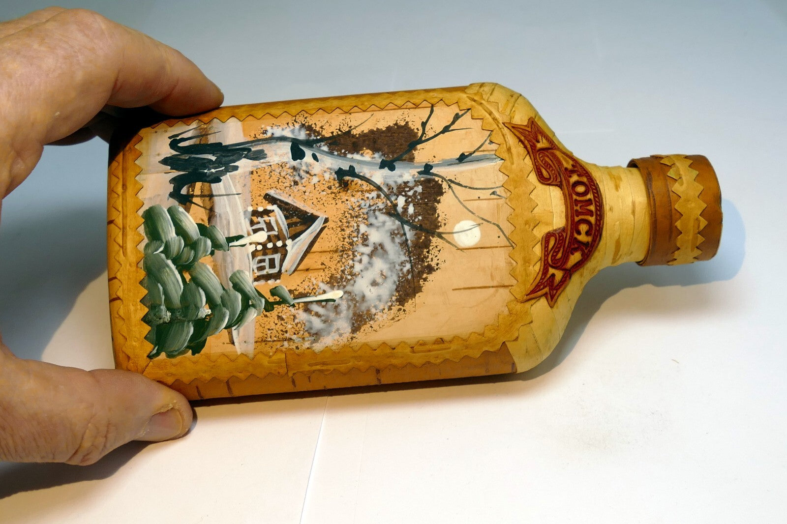 Birch Bark Wrapped Tomsk Russia Siberia Glass Bottle Hip Flask Liquor Whiskey