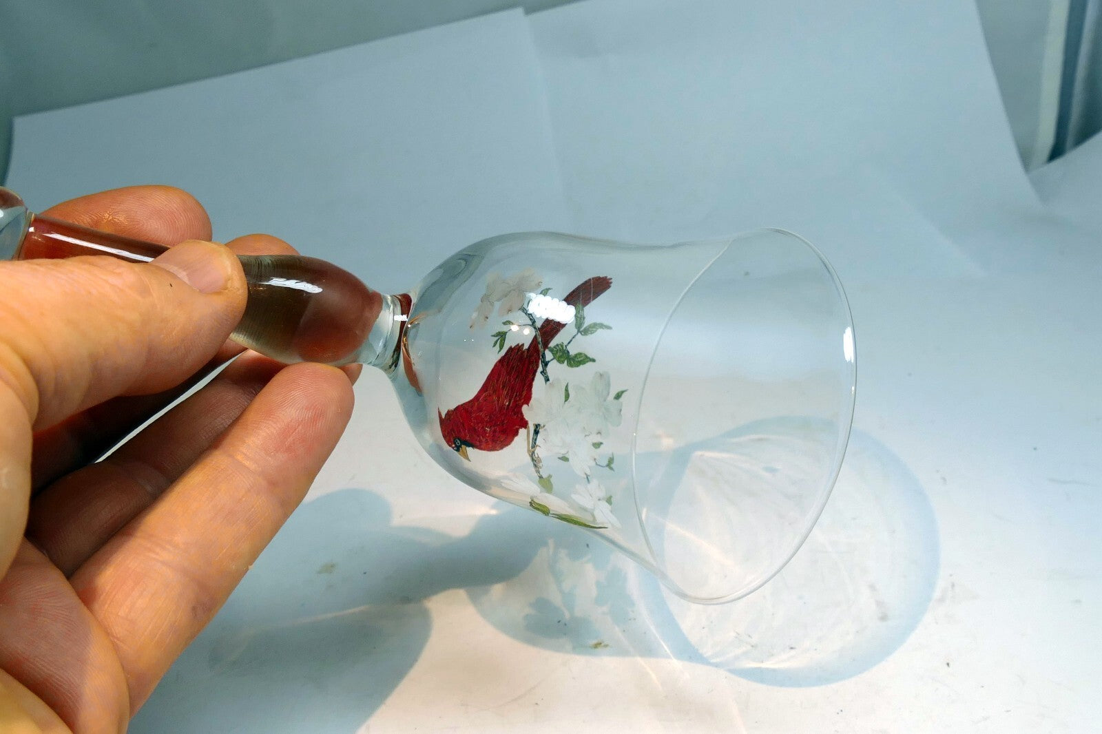 Art Glass Bell Glass Northern Cardinal &white Blossoms 6" Hand Painted Decor