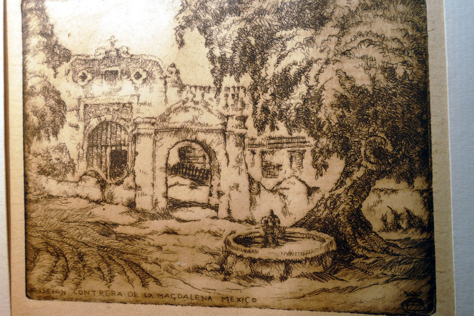 Mission contrera de la magdalena, mexico signed etching 1900's stefan bunyitay