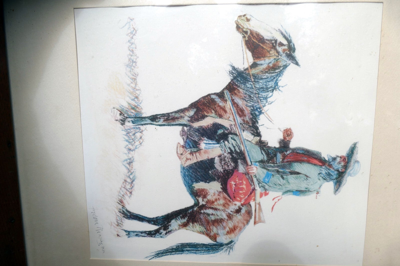 Old Trapper signed Frederic Remington cowboy on a horse framed  11X14"