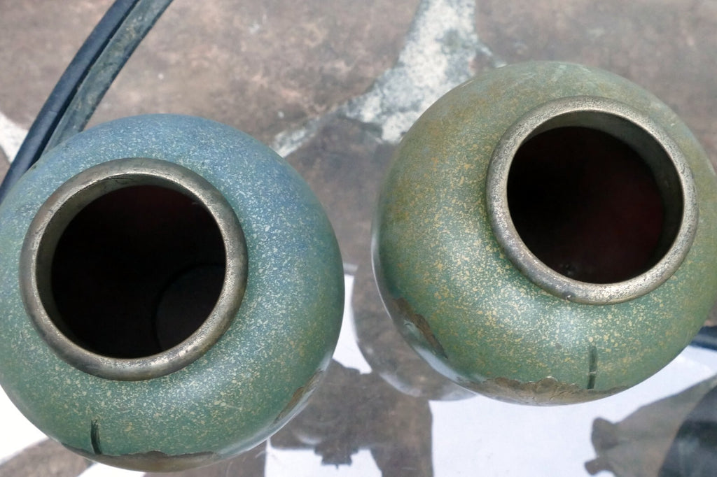 Pair Of Antique Japanese Brass Vases set of two mixed metal