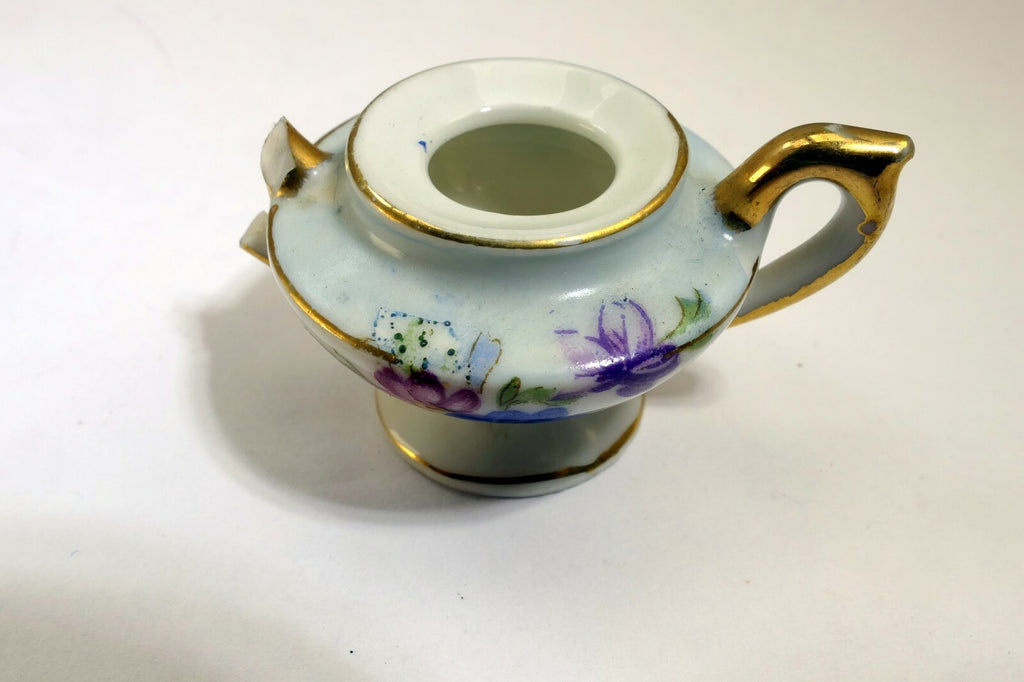 MINIATURE SUGAR CHINA VIOLETS FLOWERS PORCELAIN JAPAN 4X2cm FLORAL DESIGN