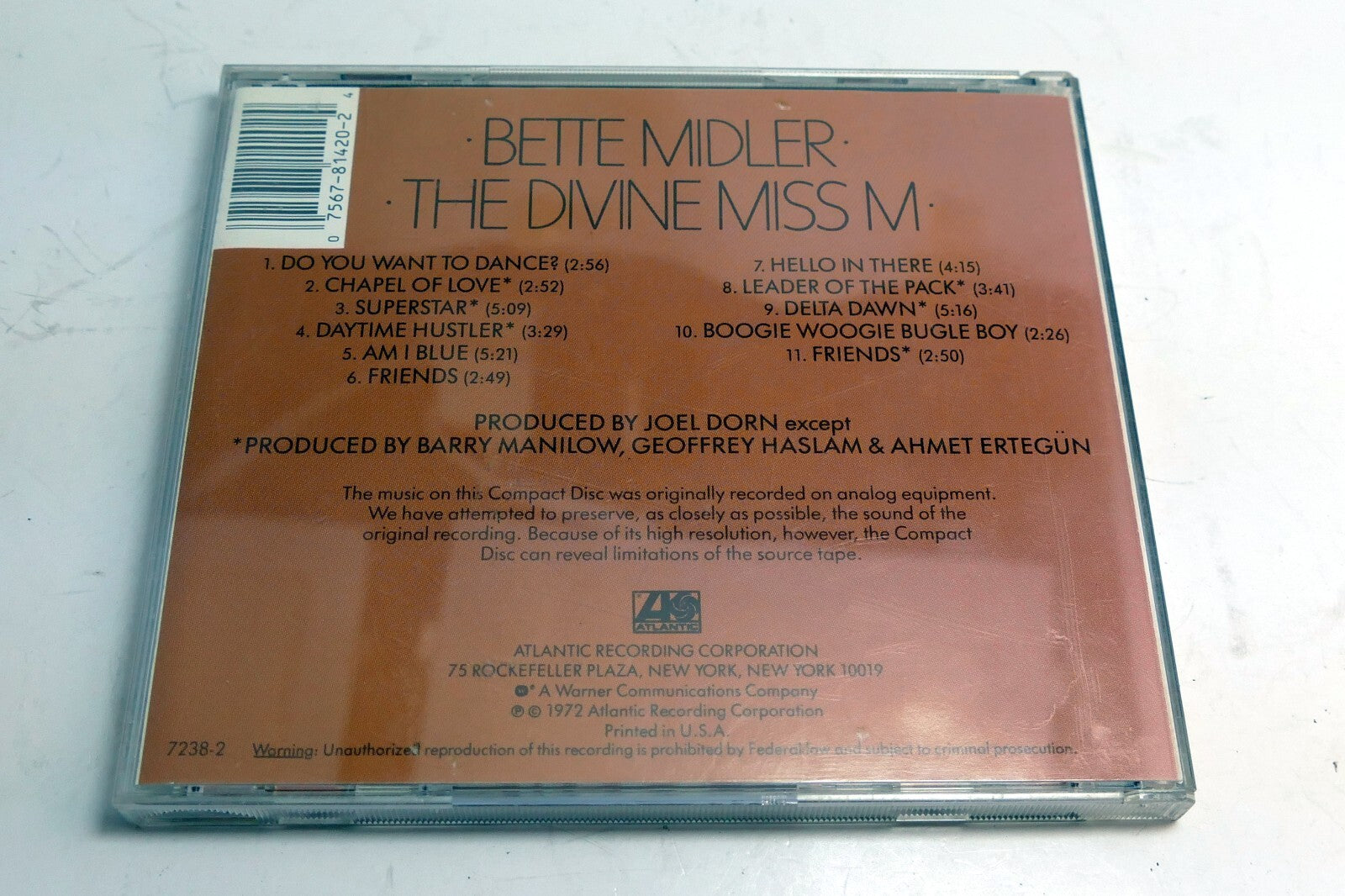 Cover ART Only Bettie Midler Divine Miss M  7238-2 Atlantic ( NO CD included)