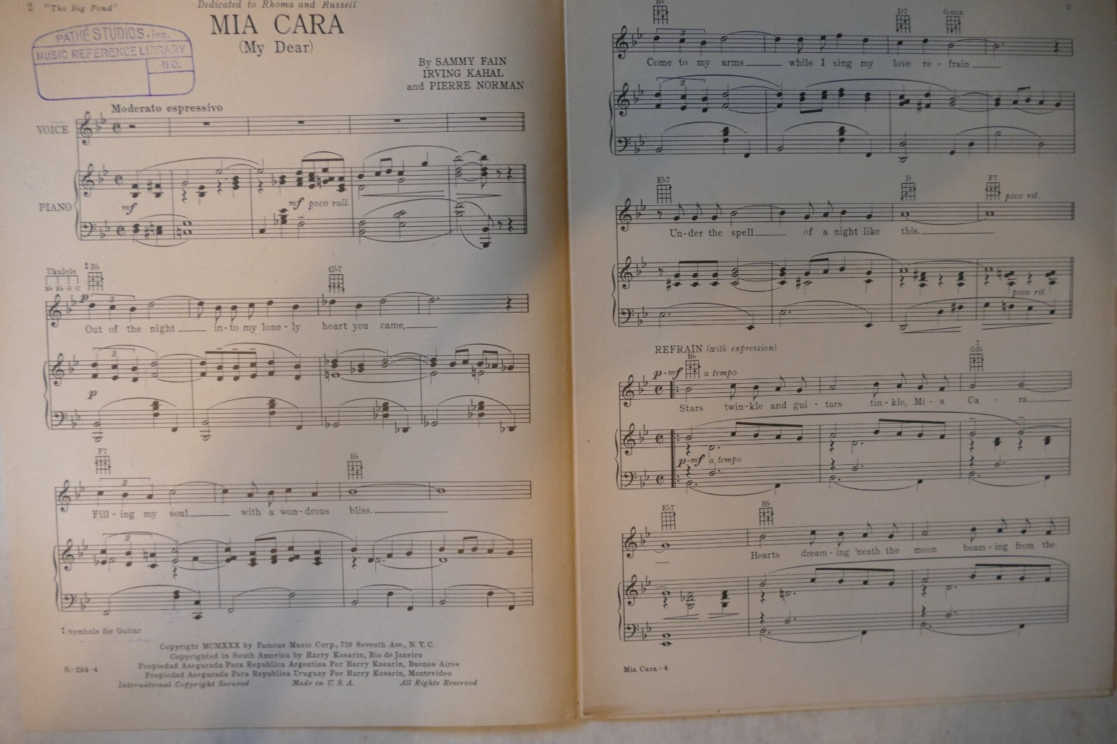 Mia Cara, 1930, from "The Big Pond", by Irving Kahal, Sammy Fain & Pierre Norman